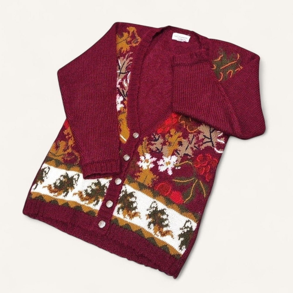 Vintage 90s Y2K Harvest Thanksgiving Burgundy Wool Blend Cardigan Casual Corner